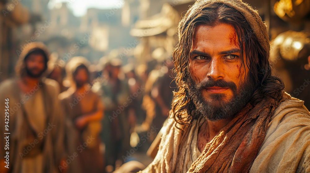 Bearded man with long hair looking thoughtful while standing in a crowd of people outside on a bright sunny day Bearded man with long hair looking thoughtful while standing in a crowd of people outside on a bright sunny day