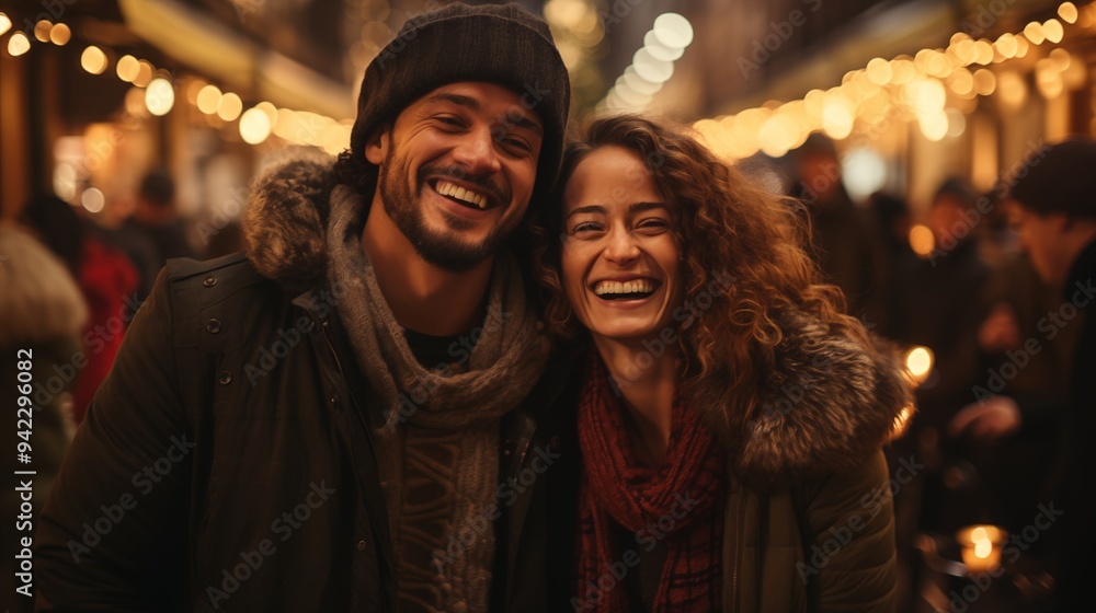 image of happy adorable diverse couple enjoying Christmas eve on a Christmas decorated city street image of happy adorable diverse couple enjoying Christmas eve on a Christmas decorated city street