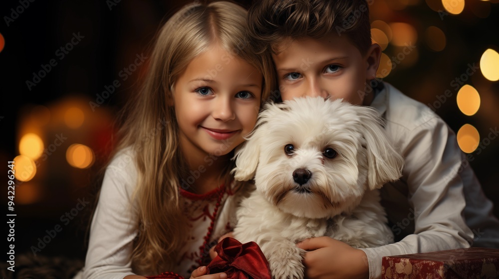 image of happy adorable kids at home playing with dog next to the Christmas tree image of happy adorable kids at home playing with dog next to the Christmas tree