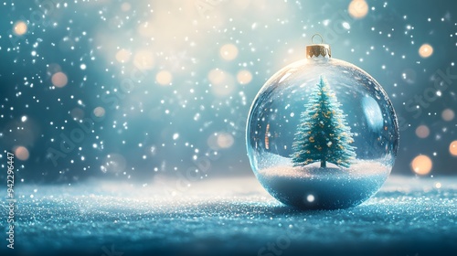 Beautiful glass ball with Christmas tree and gift on blurred background, space for text. Bokeh effect
