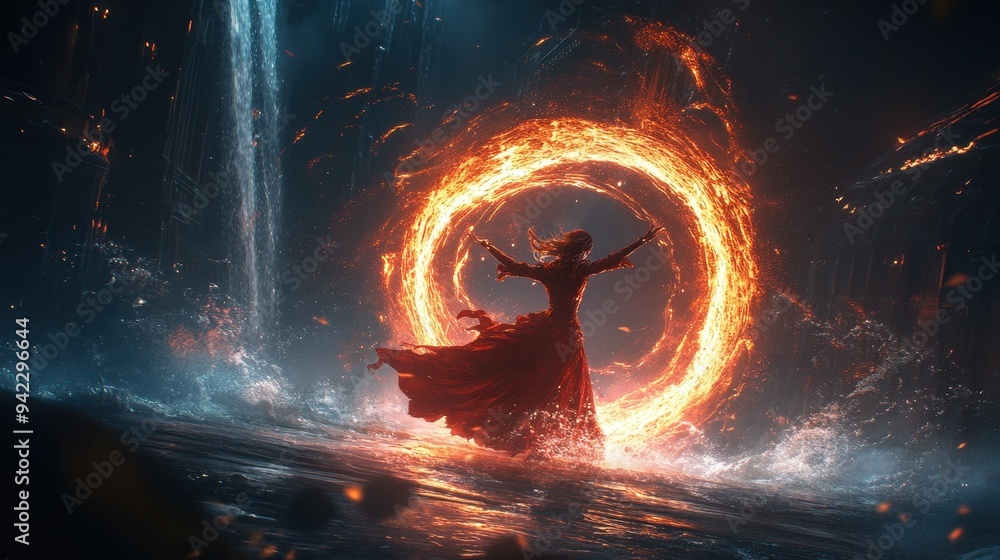 Woman in Red Dress Standing in Front of a Fire Ring Stock Illustration ...