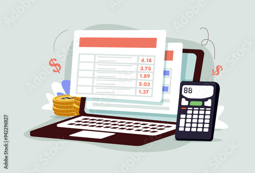 Financial report illustration set. Characters analyzing charts, balance sheet, income statement and other business data