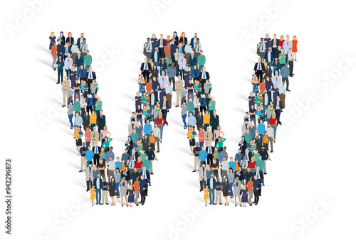 Illustration vectorielle représentant la lettre W de l'alphabet constituée d'une foule de personnages d'âge, de races et de sexes différents