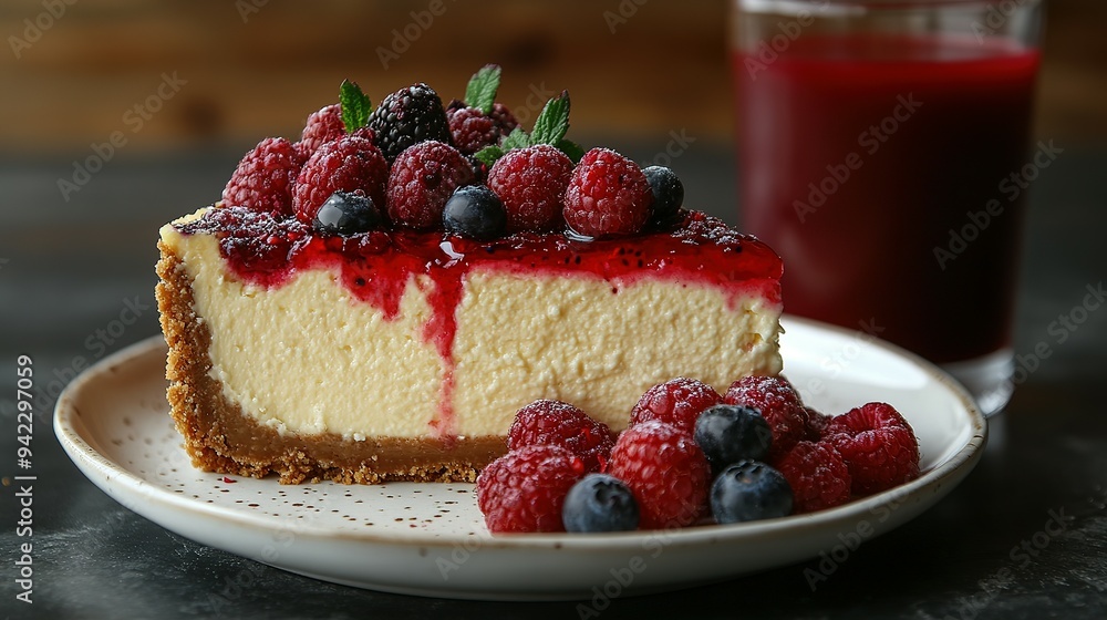 A slice of cheesecake topped with raspberries, blueberries, and a red glaze A slice of cheesecake topped with raspberries, blueberries, and a red glaze