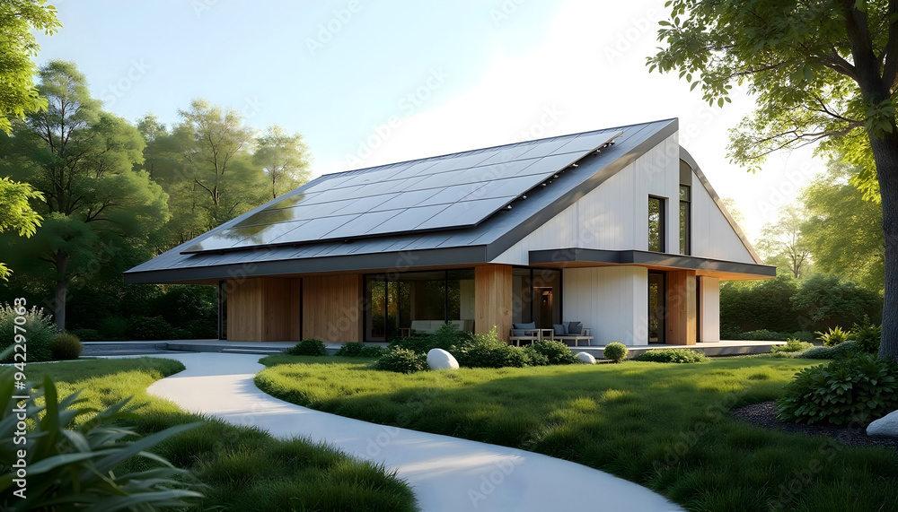 A contemporary house featuring solar panels, surrounded by lush greenery and a winding path, embodying sustainable living and modern architecture. A contemporary house featuring solar panels, surrounded by lush greenery and a winding path, embodying sustainable living and modern architecture.