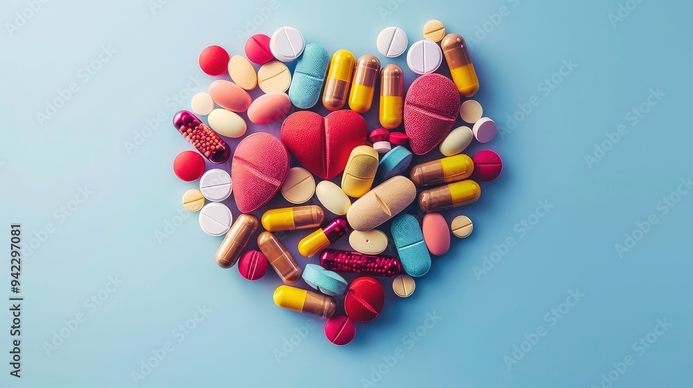 A heart shape made of various pills and capsules. A heart shape made of various pills and capsules.