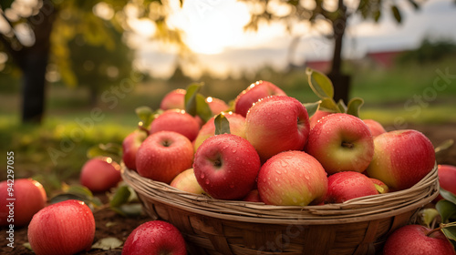 Vibrant Red Apples in a Wicker Basket in an Orchard at Golden Hour