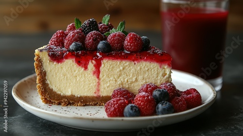 A slice of cheesecake topped with raspberries, blueberries, and a red glaze