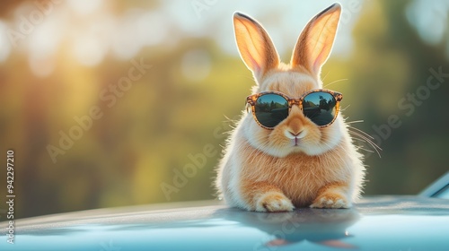 Happy easter. Cute rabbit in sunglasses sitting on the hood of a car. photo