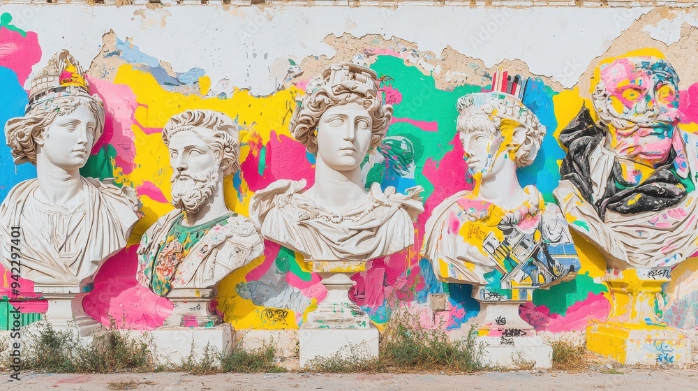 Fototapeta premium Colorful Graffiti Wall with Ancient Statues and Busts