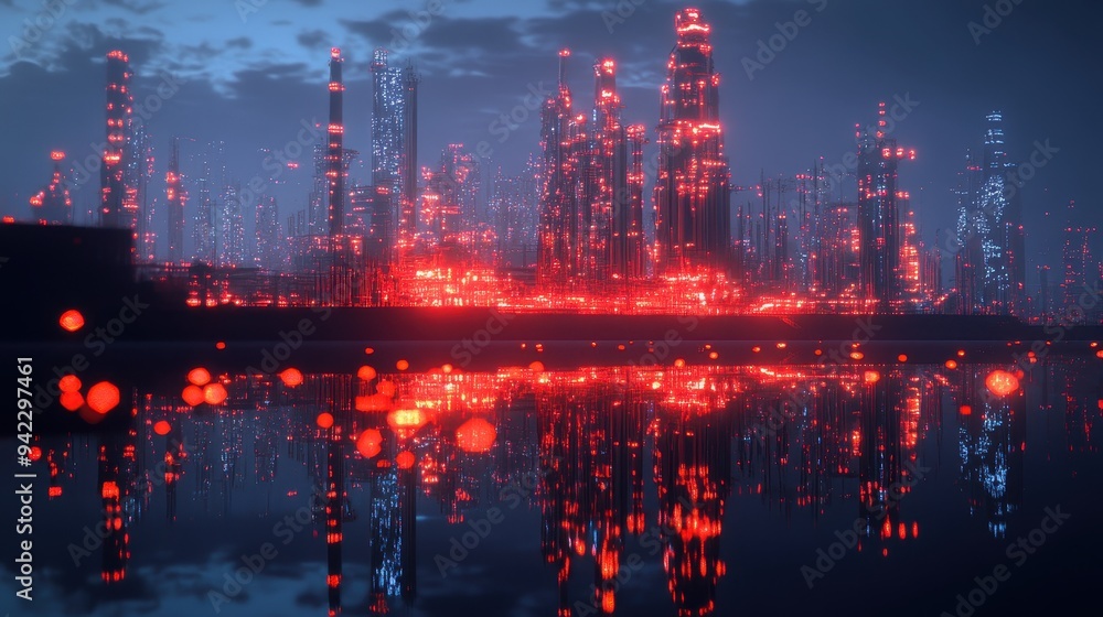 Obraz premium Futuristic Cityscape with Red Lights and Reflections