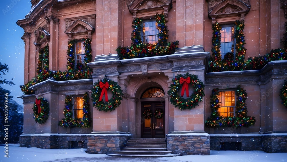 Obraz premium Classic architectural residence adorned with festive wreaths and snow, creating a warm holiday atmosphere. Ideal for seasonal celebrations and winter imagery.