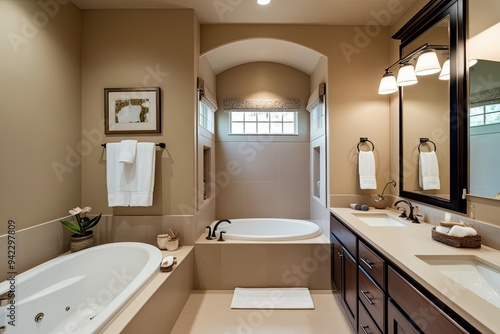 Elegant Beige Bathroom Design Featuring Tub Sink and Mirror