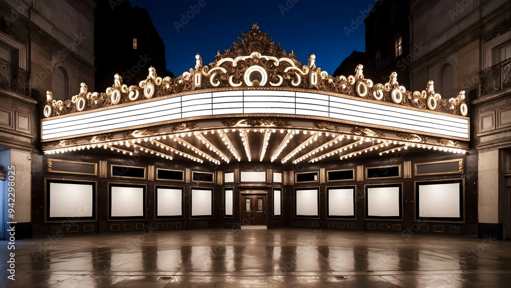 custom made wallpaper toronto digitalStunning vintage theater entrance adorned with bright lights, exuding a nostalgic charm in a quiet urban setting at twilight.