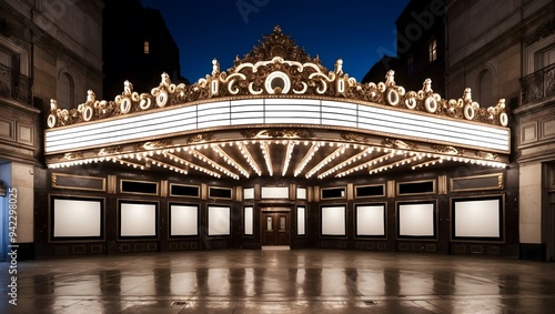 Stunning vintage theater entrance adorned with bright lights, exuding a nostalgic charm in a quiet urban setting at twilight.