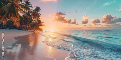 A stunning tropical beach at sunset, with golden light reflecting on the ocean, palm trees swaying, and waves gently touching the shore. photo