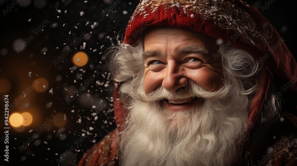 image of portrait of smiling Santa Claus with long beard looking away while standing in snow fall against dark blurred background image of portrait of smiling Santa Claus with long beard looking away while standing in snow fall against dark blurred background