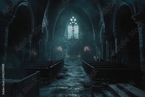 Pews and seats inside a dimly lit church