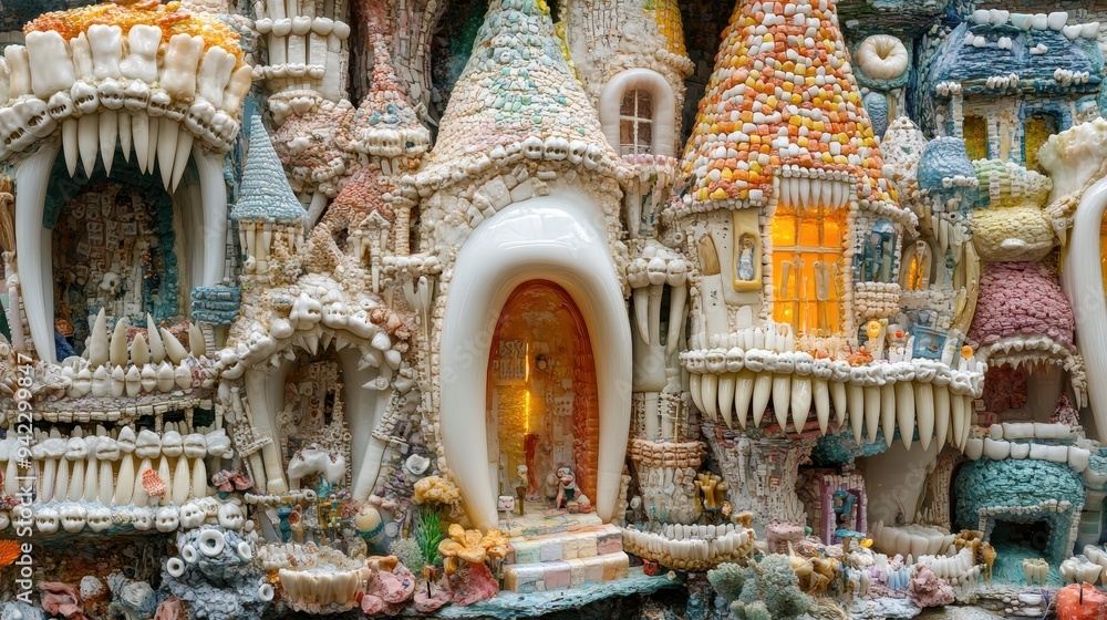 Fototapeta premium Tooth Sculpture Art Installation Mosaic Architecture Building