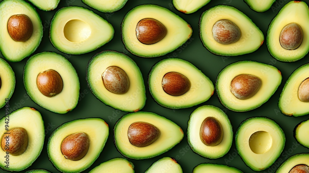 A flat lay of halved avocados showcasing their creamy texture and brown pits. A flat lay of halved avocados showcasing their creamy texture and brown pits.