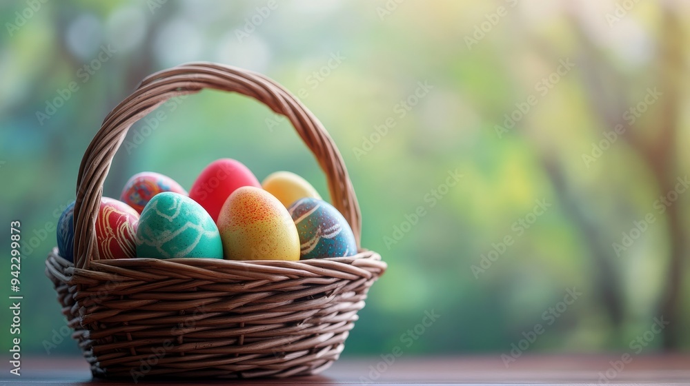 colorful easter eggs in basket . With copy space colorful easter eggs in basket . With copy space