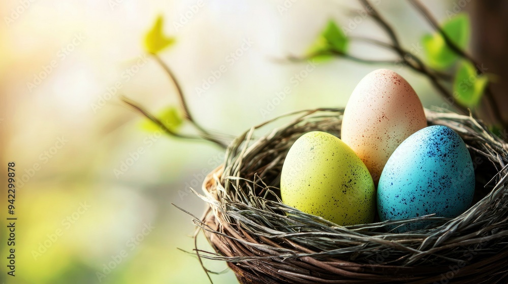 colorful easter eggs in basket . With copy space colorful easter eggs in basket . With copy space
