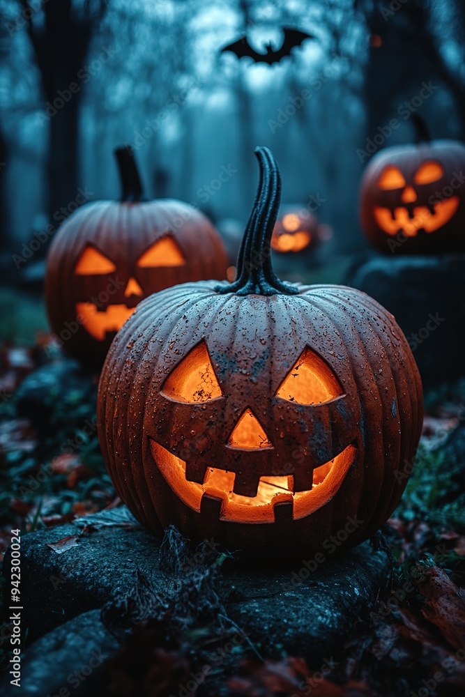 Abandoned scary house near the cemetery in the forest with pumpkins, a full moon, bats and fog. Pumpkins In Graveyard In The Spooky Night, Halloween Backdrop Abandoned scary house near the cemetery in the forest with pumpkins, a full moon, bats and fog. Pumpkins In Graveyard In The Spooky Night, Halloween Backdrop