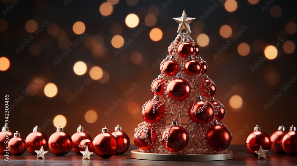 image of red Christmas tree decorated with bright balls and star placed on table against glowing red background image of red Christmas tree decorated with bright balls and star placed on table against glowing red background