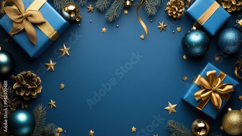 Festive Blue Christmas Background with Gold Ornaments and Gifts