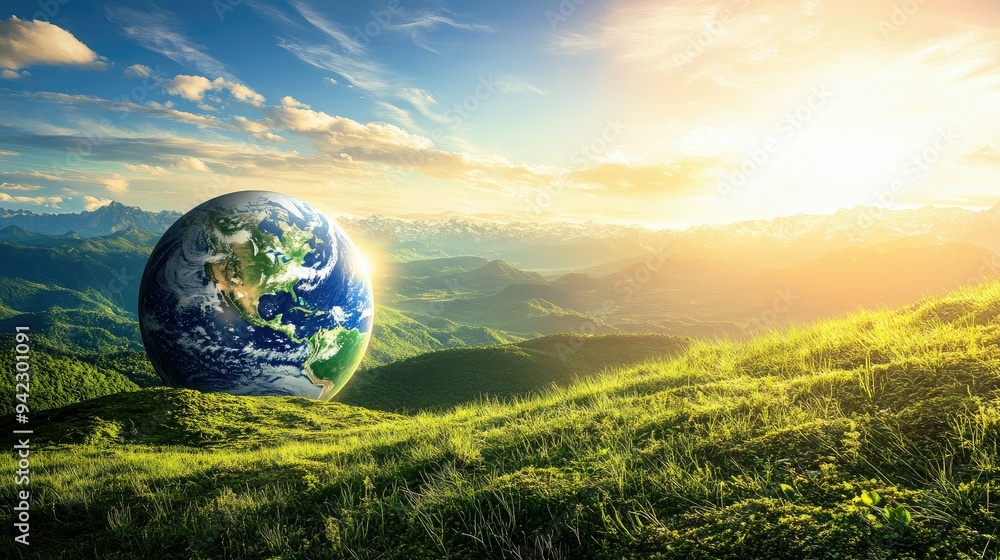 Earth Day background, with clear atmosphere, warm sunlight casting soft shadows on lush landscapes Earth Day background, with clear atmosphere, warm sunlight casting soft shadows on lush landscapes