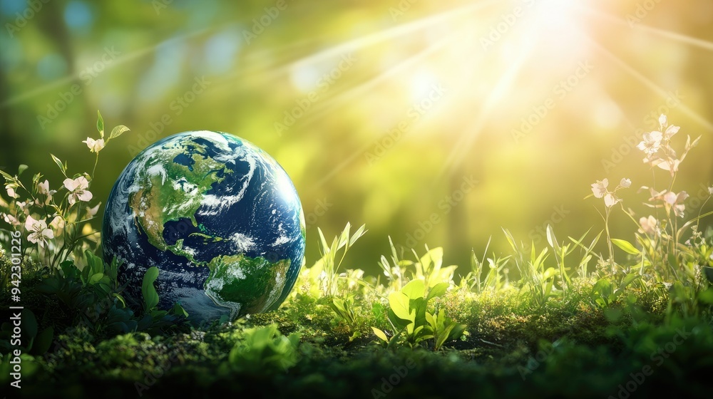Earth Day background, with clear atmosphere, warm sunlight casting soft shadows on lush landscapes Earth Day background, with clear atmosphere, warm sunlight casting soft shadows on lush landscapes