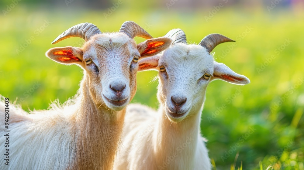 Fototapeta premium Two Cute Goats Looking at the Camera in a Field