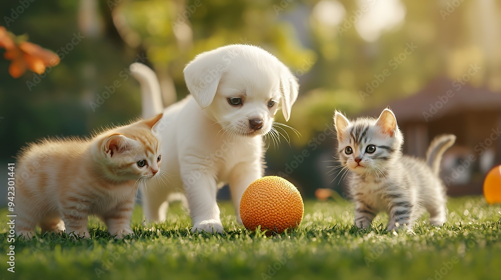 Obraz premium A playful puppy and kittens exploring a sunny garden with an orange ball.