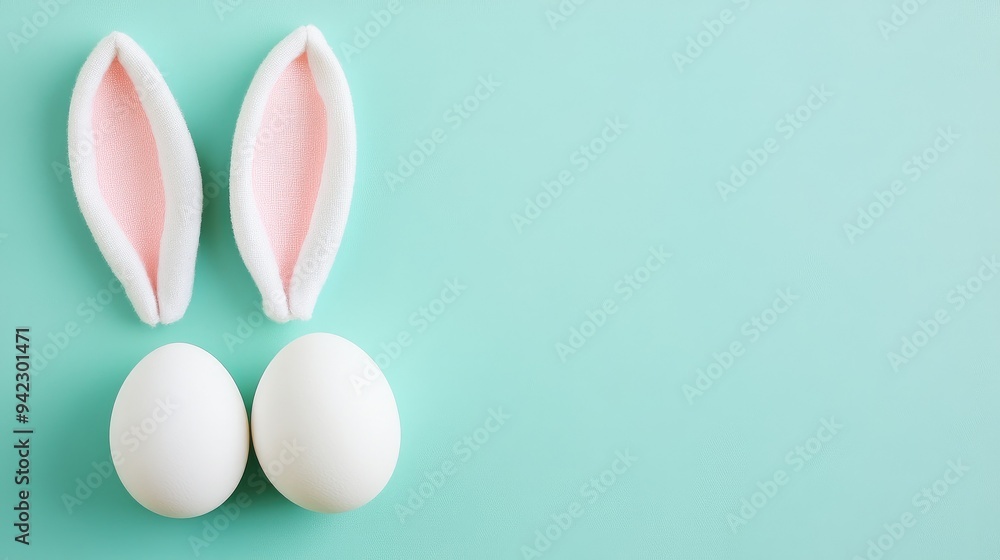 Fototapeta premium easter bunny ears white eggs on isolated pastel background with copyspace