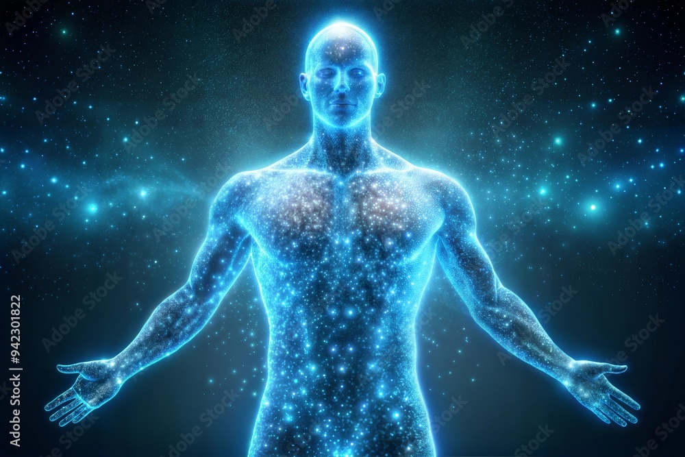 digital composite of man with glowing lines and particles digital composite of man with glowing lines and particles