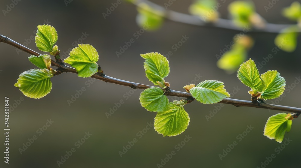 Fresh green leaves budding on tree branches Fresh green leaves budding on tree branches
