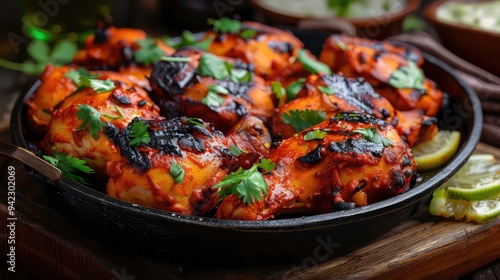 Close-up of grilled chicken drumsticks with cilantro and lemon slices.