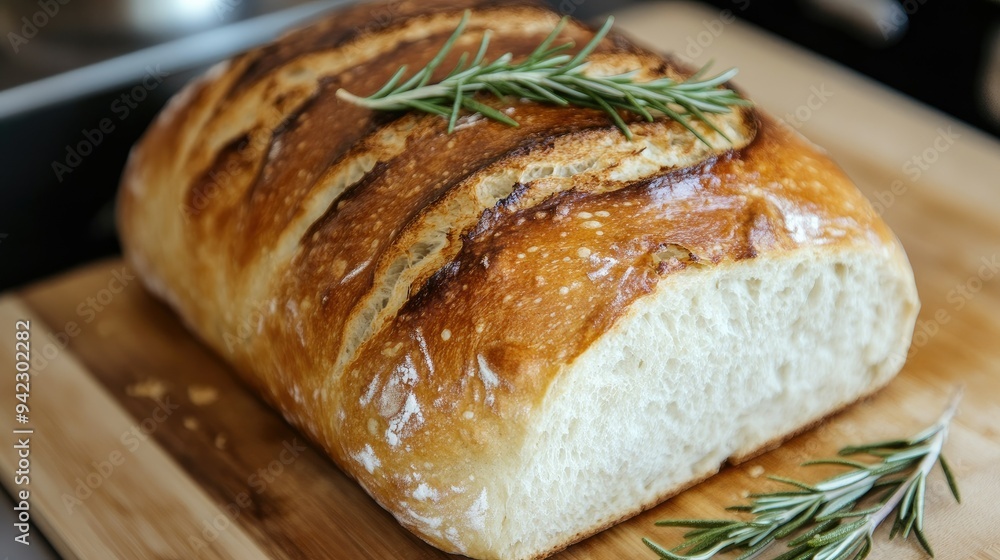 Freshly baked loaf of bread with a sprig of rosemary on a wooden cutting board Freshly baked loaf of bread with a sprig of rosemary on a wooden cutting board