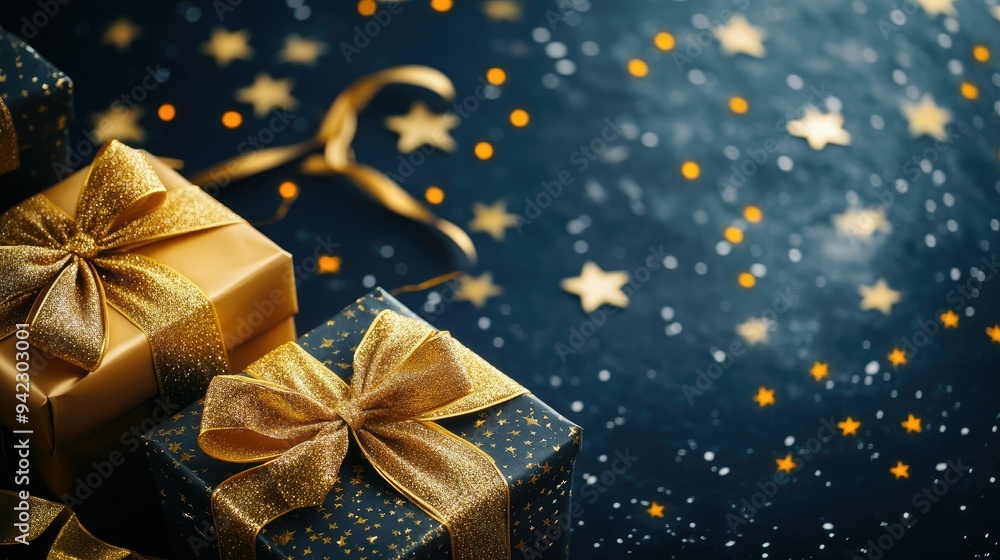 gifts with golden bows and ribbons placed on background near stars with copy space gifts with golden bows and ribbons placed on background near stars with copy space