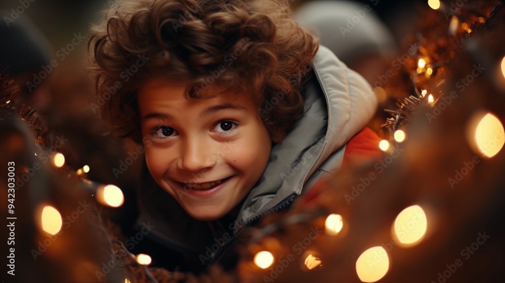 Image of smiling happy little redhead boy peeking out from the Christmas tree with light string and looking at camera Image of smiling happy little redhead boy peeking out from the Christmas tree with light string and looking at camera