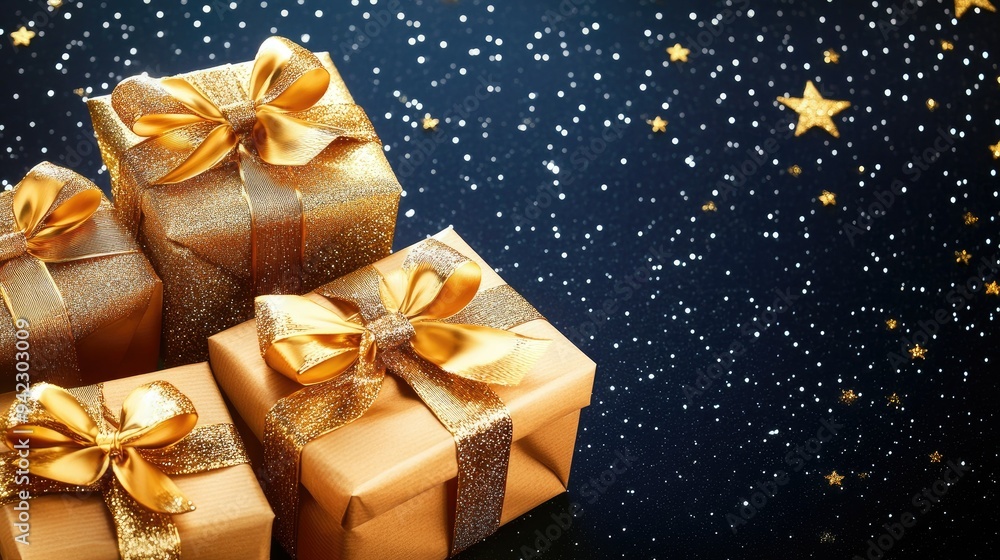 gifts with golden bows and ribbons placed on background near stars with copy space gifts with golden bows and ribbons placed on background near stars with copy space