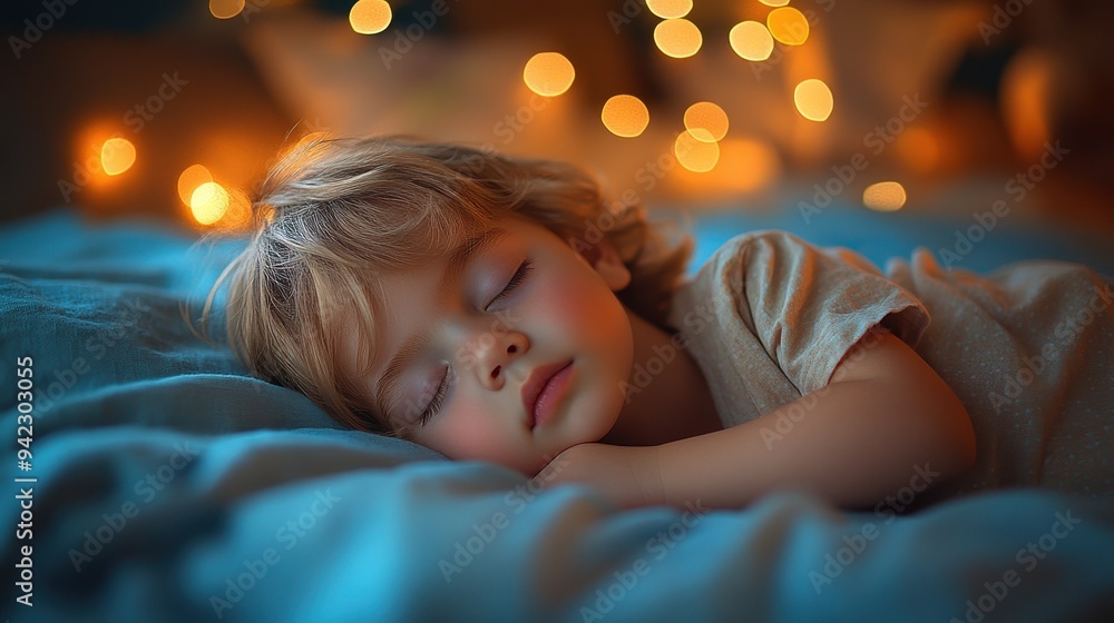 Close-Up of Cute Little Boy Sleeping on Bed with Blue Background and Starry Lights, Warm Lighting, Soft Tones, Telephoto Lens, High-Definition Commercial Photography
Close-Up of Cute Little Boy Sleeping on Bed with Blue Background and Starry Lights, Warm Lighting, Soft Tones, Telephoto Lens, High-Definition Commercial Photography