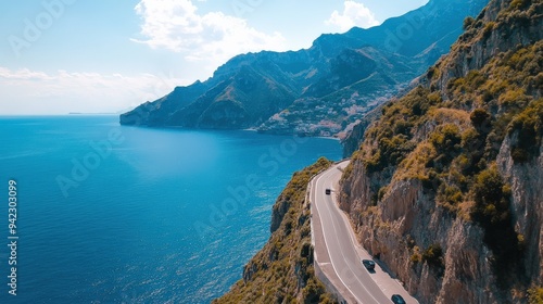 The coastal cliffs and winding roads of the Amalfi Coast, Italy, bathed in day light