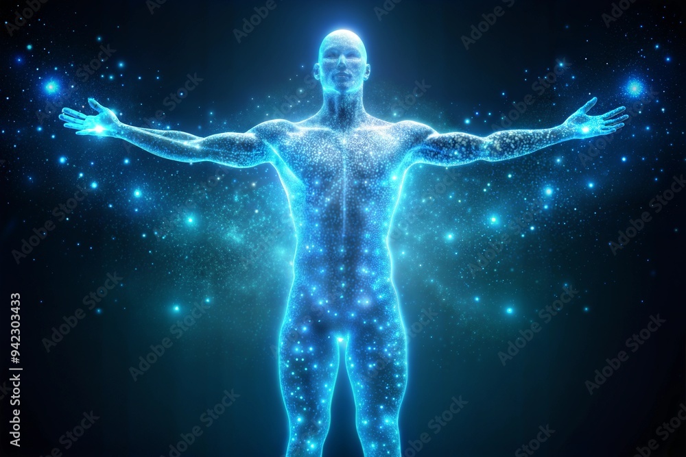 man in blue glowing pose with open space man in blue glowing pose with open space