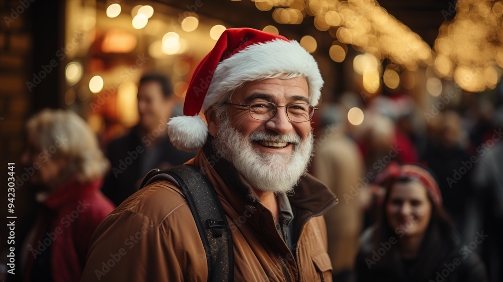 image of smiling senior man with white beard in Santa Claus costume walking along people on street in city image of smiling senior man with white beard in Santa Claus costume walking along people on street in city
