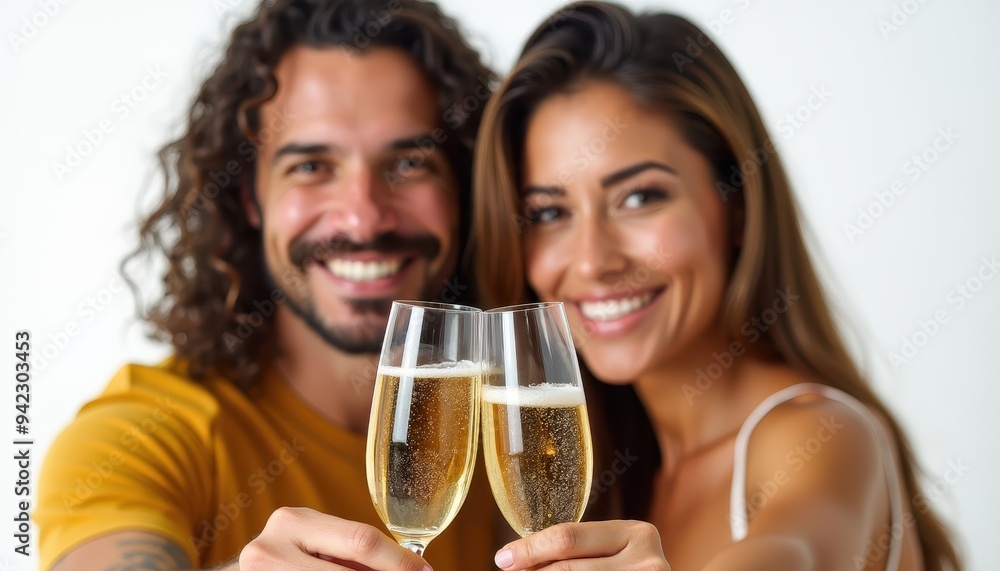 Smiling couple toasting with champagne flutes, man with curly hair in yellow shirt and woman with long brown hair in white top Smiling couple toasting with champagne flutes, man with curly hair in yellow shirt and woman with long brown hair in white top