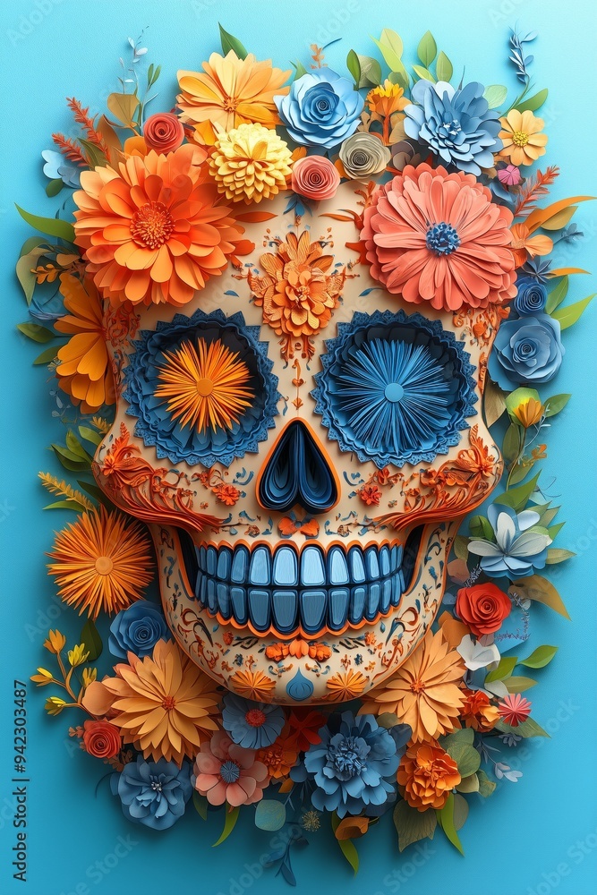 3D paper craft sugar skull with floral background, paper-cut style, vibrant colors, celebrating dia de los muertos 3D paper craft sugar skull with floral background, paper-cut style, vibrant colors, celebrating dia de los muertos