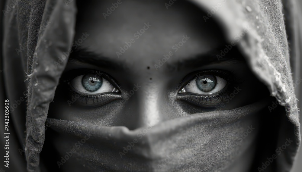 Mesmerizing blue eyes peer through a veil, capturing a moment of mystery and cultural intrigue in striking black and white contrast. Mesmerizing blue eyes peer through a veil, capturing a moment of mystery and cultural intrigue in striking black and white contrast.