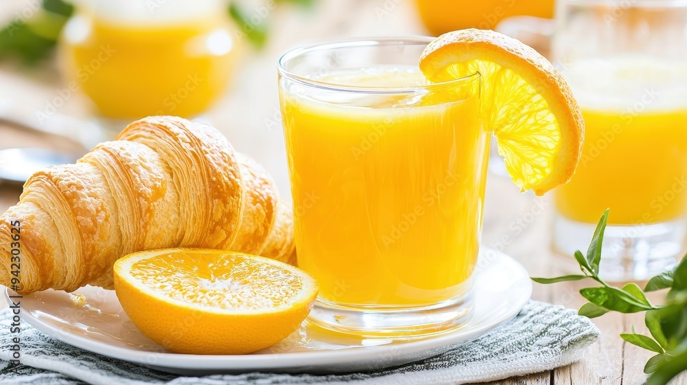 Fresh Orange Juice with Croissant and Orange Slice on a Plate Fresh Orange Juice with Croissant and Orange Slice on a Plate