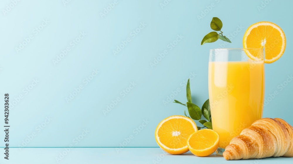 Glass of Orange Juice Croissant and Orange Slices on Blue Background Glass of Orange Juice Croissant and Orange Slices on Blue Background